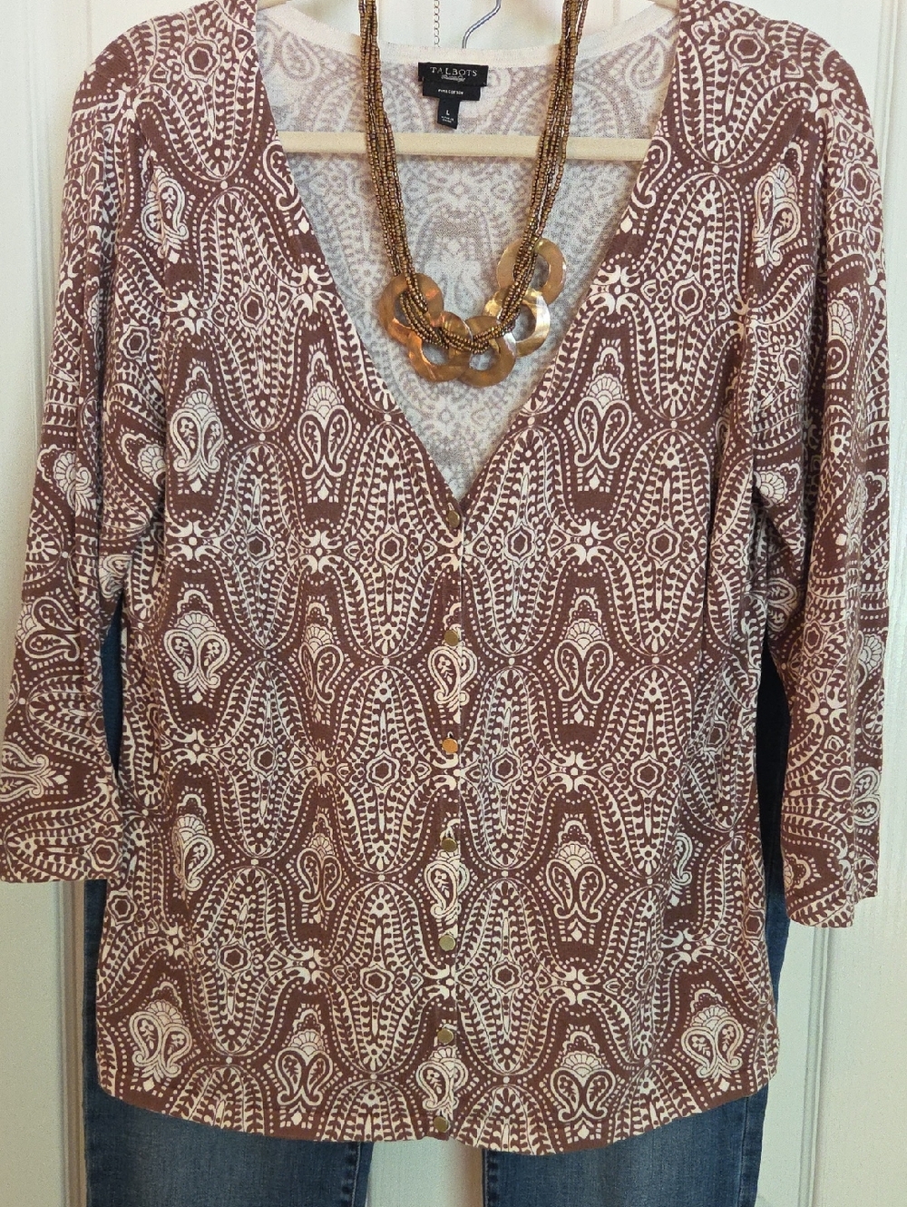Talbots Cream and Brown Paisley V-Neck Button Down Cardigan Top